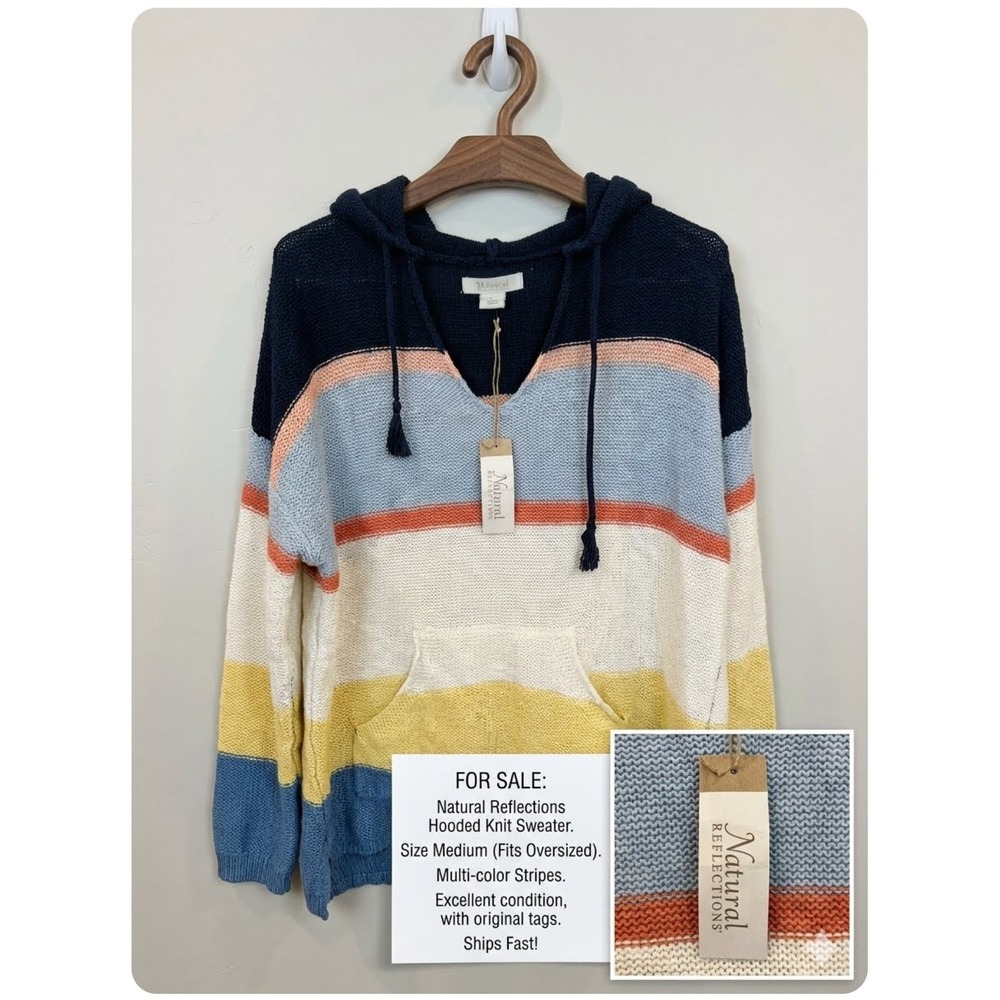 Natural Reflections Womens Striped Hooded Knit Sweater Multi-Color Large NWT